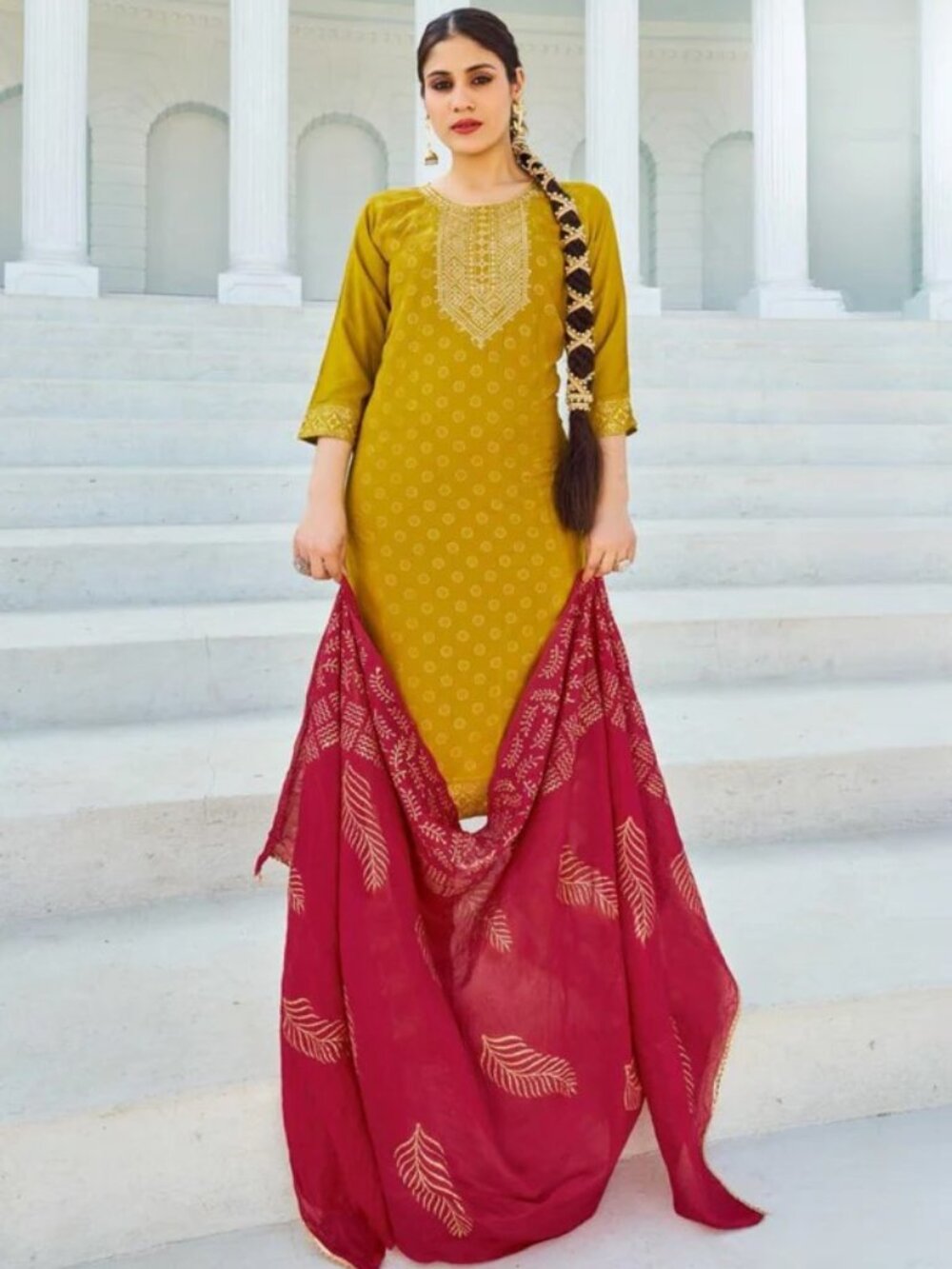 ustard Yellow Rayon With Foil Print Kurti And Dupatta Sets For Women